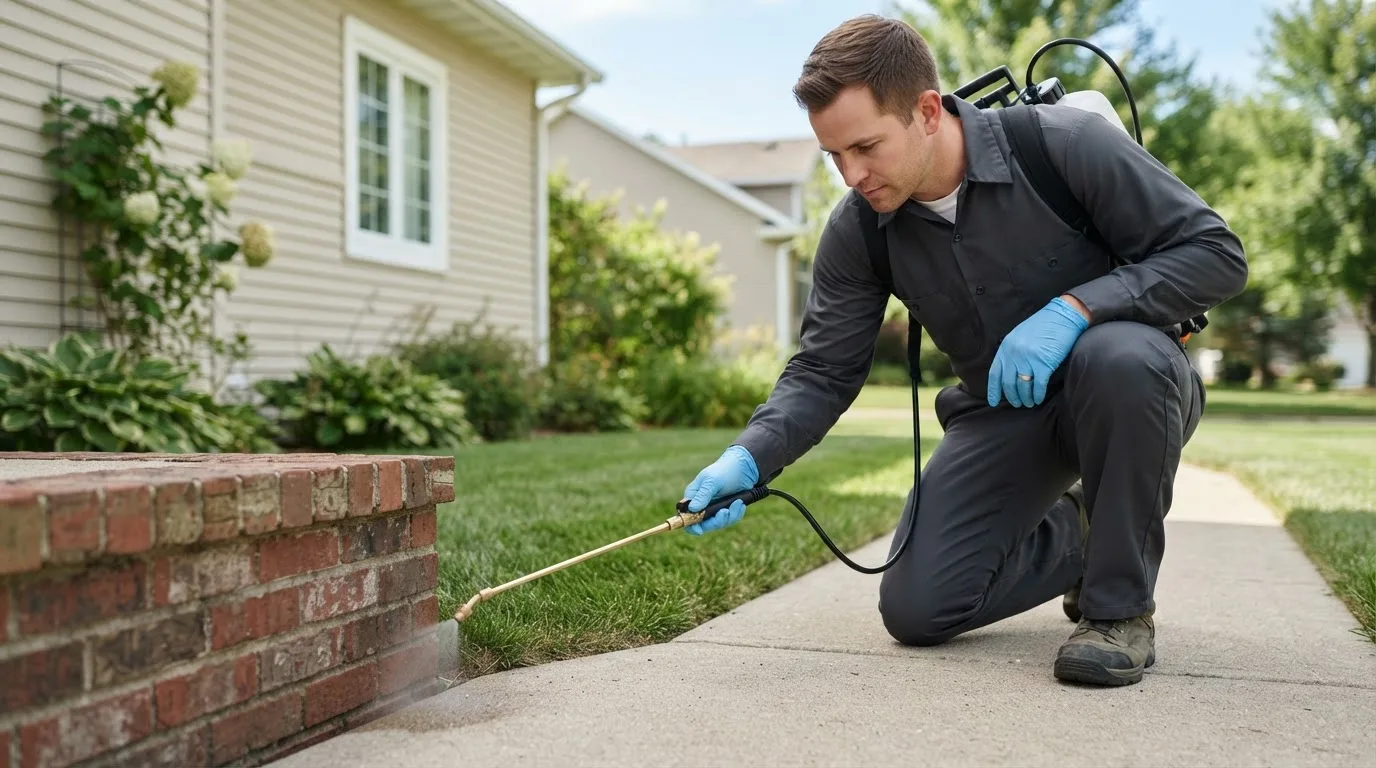 Pest control technician treating a home near Clayton, MI