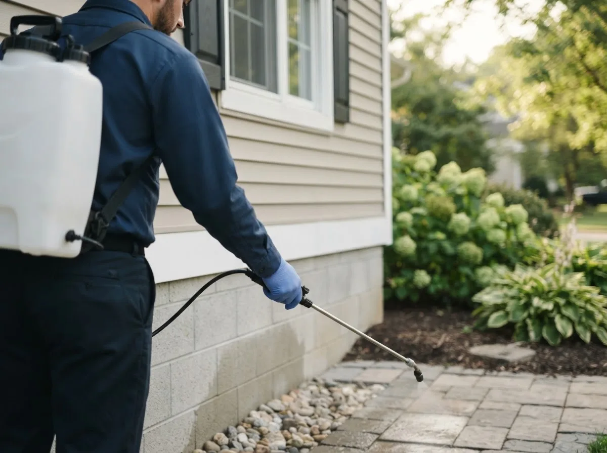 Pest control technician inspecting a home in Clayton, MI